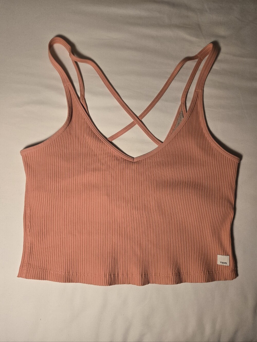 Vuori Ribbed Strappy Crop Tank Top — Peach Pink